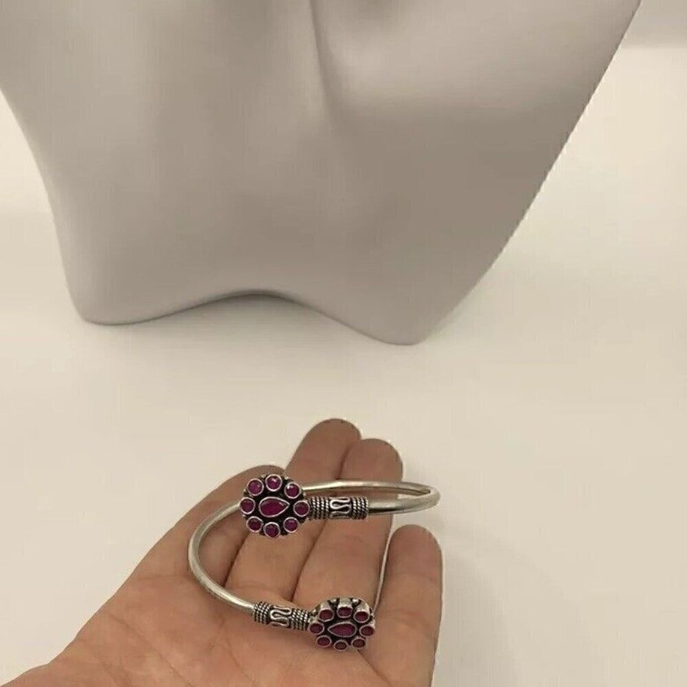 NATIVE AMERICAN 925 STERLING SILVER Navajo Stamped BRACELET Pink/Ruby - Picture 3 of 10